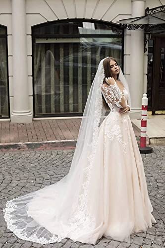 Champagne lace wedding dress with sleeves and A-line