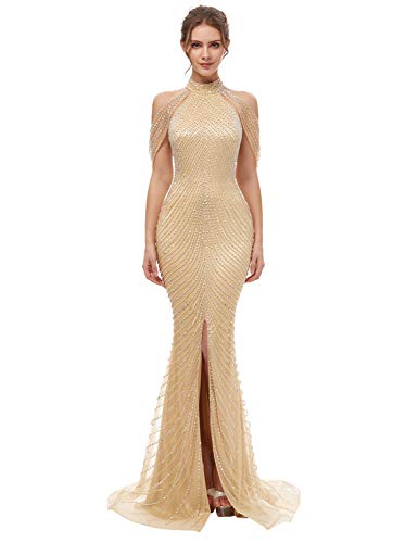 Champagne Mermaid Bridal Gown with Beaded Long Slit