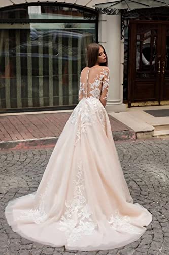Champagne lace wedding dress with sleeves and A-line