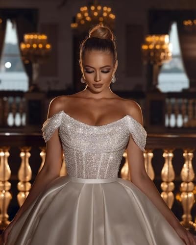 White Satin Sparkly Sequin Ball Gown Wedding Dress