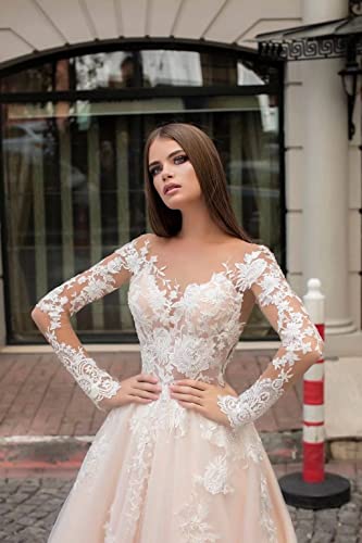 Champagne lace wedding dress with sleeves and A-line