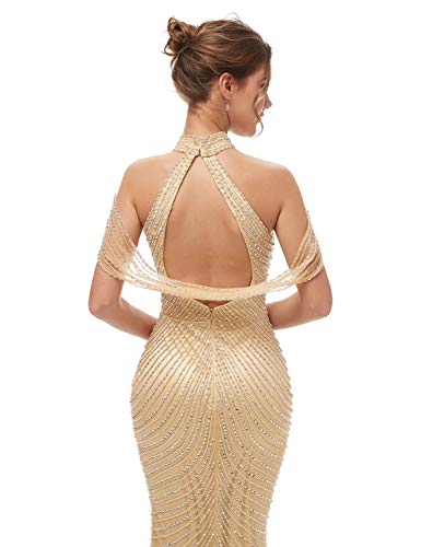 Champagne Mermaid Bridal Gown with Beaded Long Slit