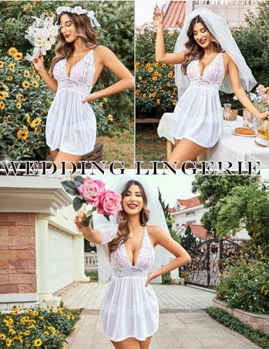 Avidlove Lace Babydoll Halter Nightgown in White