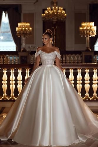 White Satin Sparkly Sequin Ball Gown Wedding Dress