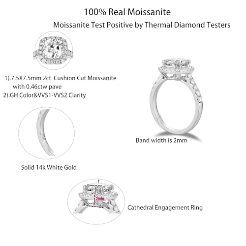 DovEggs 14K White Gold 2ct Cushion Cut Engagement Ring