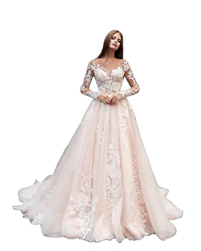 Champagne lace wedding dress with sleeves and A-line