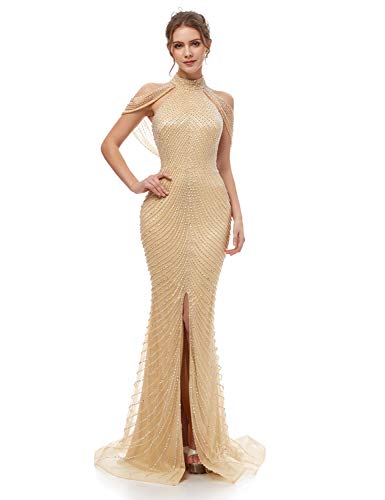 Champagne Mermaid Bridal Gown with Beaded Long Slit