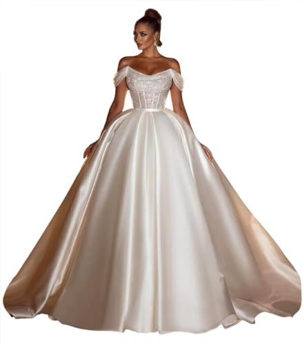 White Satin Sparkly Sequin Ball Gown Wedding Dress