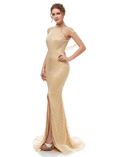 Champagne Mermaid Bridal Gown with Beaded Long Slit