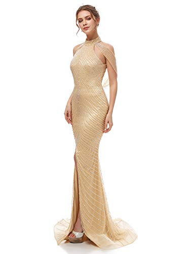 Champagne Mermaid Bridal Gown with Beaded Long Slit
