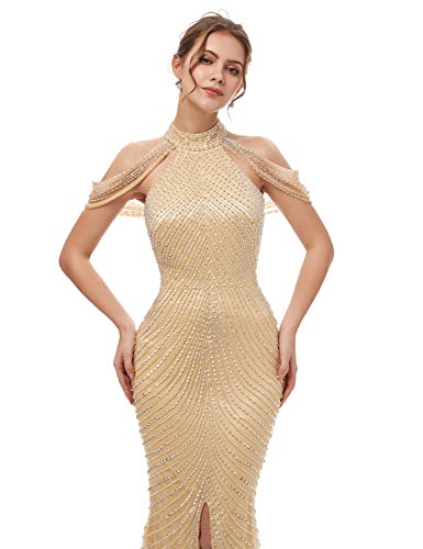 Champagne Mermaid Bridal Gown with Beaded Long Slit