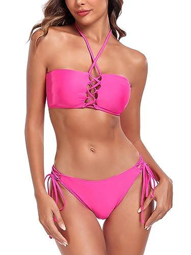 Hot Pink Criss-Cross Bandeau Bikini Set for Weddings