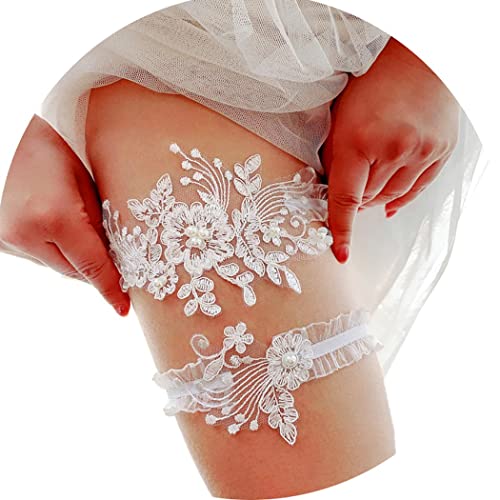 Elegant White Lace Pearl Bridal Garter Set