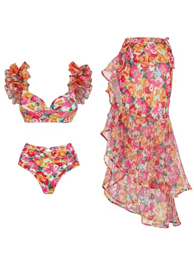 Floral Ruffle Shoulder Bikini Swimsuit with Sarong