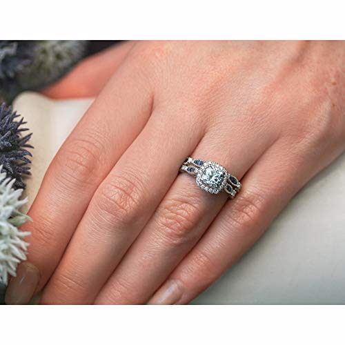 Moissanite & Blue Sapphire Halo Bridal Rings Set - 8.0