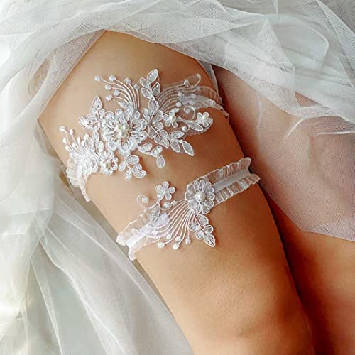Elegant White Lace Pearl Bridal Garter Set