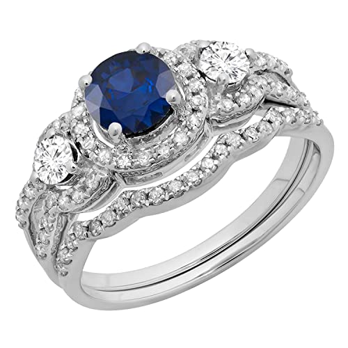 Blue Sapphire & Diamond 3 Stone Halo Wedding Set