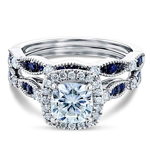 Moissanite & Blue Sapphire Halo Bridal Rings Set - 8.0
