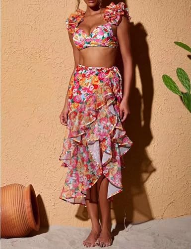 Floral Ruffle Shoulder Bikini Swimsuit with Sarong