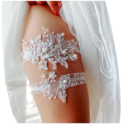 Elegant White Lace Pearl Bridal Garter Set