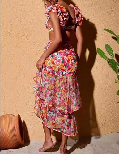 Floral Ruffle Shoulder Bikini Swimsuit with Sarong