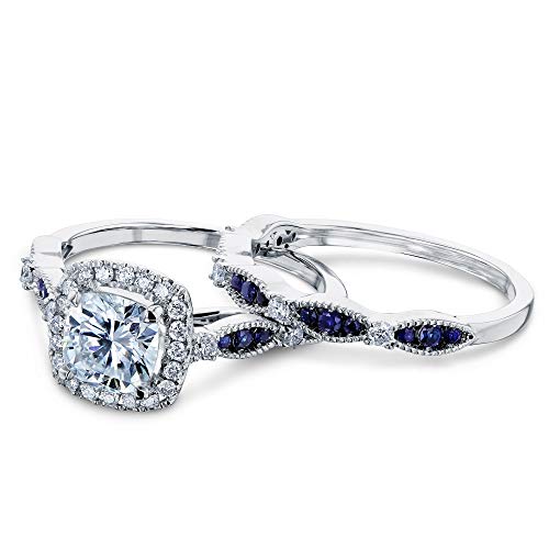 Moissanite & Blue Sapphire Halo Bridal Rings Set - 8.0