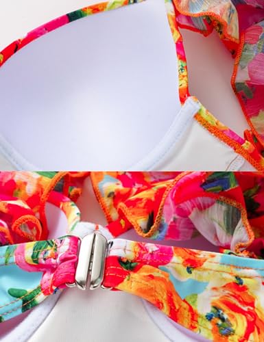 Floral Ruffle Shoulder Bikini Swimsuit with Sarong