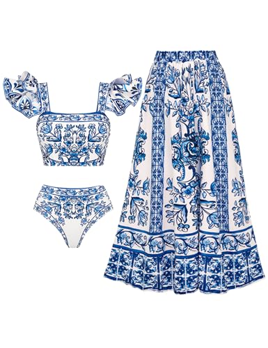 Majolica Print Ruffle Bikini and Skirt Set