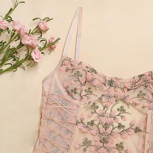 Floral Lace-Up Sheer Teddy Lingerie Bodysuit