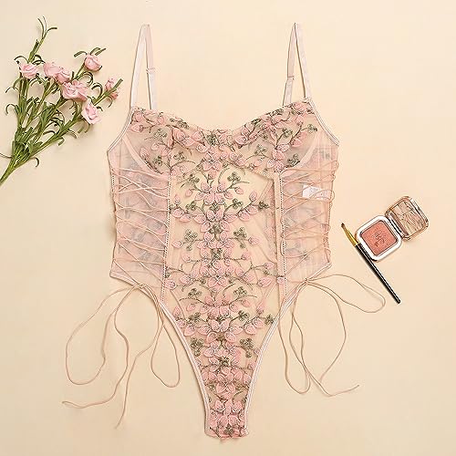 Floral Lace-Up Sheer Teddy Lingerie Bodysuit