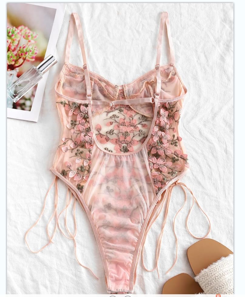 Floral Lace-Up Sheer Teddy Lingerie Bodysuit