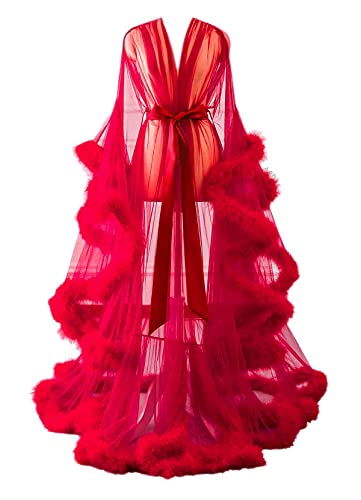 Elegant Red Feather Bridal Robe for Maternity