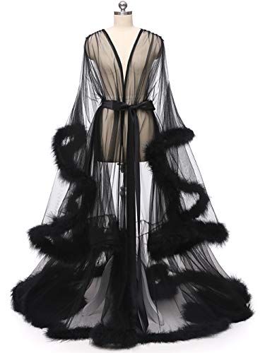 Elegant Black Feather Bridal Illusion Robe - Medium