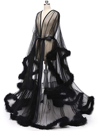 Elegant Black Feather Bridal Illusion Robe - Medium