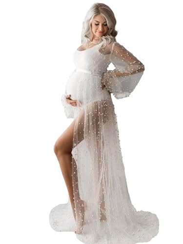 White Beaded Maternity Photoshoot Robe with Tulle Sleeves