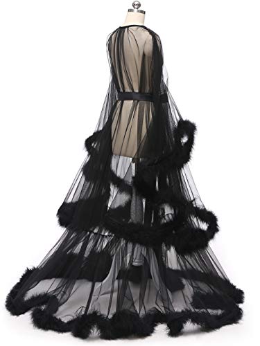 Elegant Black Feather Bridal Illusion Robe - Medium