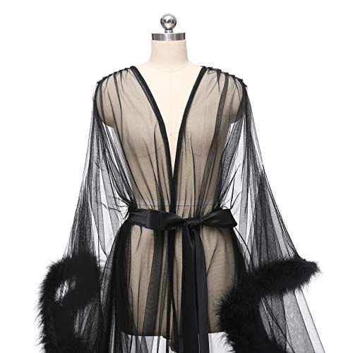 Elegant Black Feather Bridal Illusion Robe - Medium