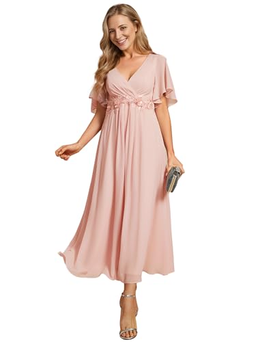 Pink Applique V-Neck A-Line Tea Length Mother of the Bride Dress