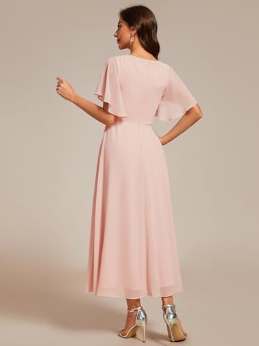 Pink Applique V-Neck A-Line Tea Length Mother of the Bride Dress