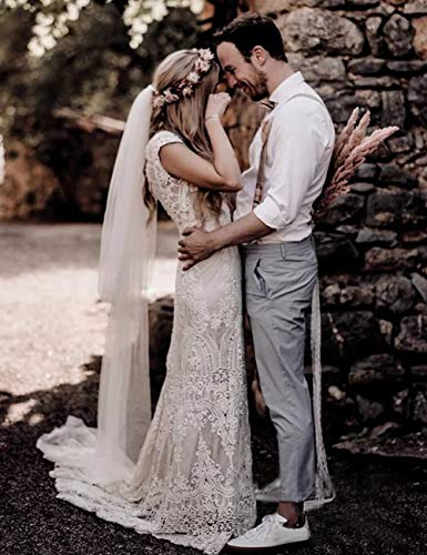 Bohemian Ivory Lace V Neck Backless Wedding Dress
