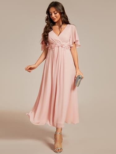 Pink Applique V-Neck A-Line Tea Length Mother of the Bride Dress