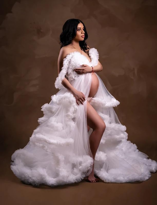 White Tulle Maternity Robe for Wedding Photoshoot