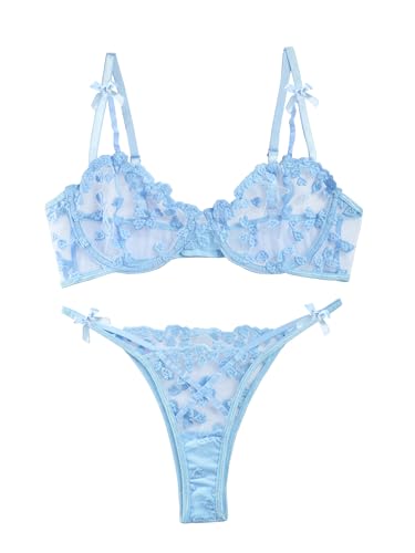 Light Blue Heart Embroidered Lingerie Set for Weddings