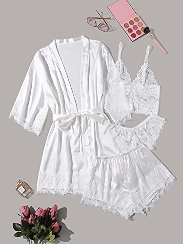 Elegant Floral Lace Silk Satin Pajama Set