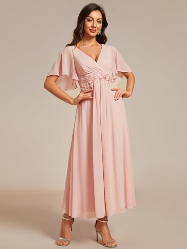 Pink Applique V-Neck A-Line Tea Length Mother of the Bride Dress