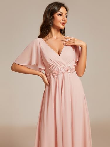 Pink Applique V-Neck A-Line Tea Length Mother of the Bride Dress