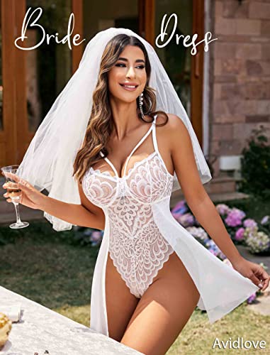 Avidlove Lace Bridal Bodysuit Nighty Dress, White