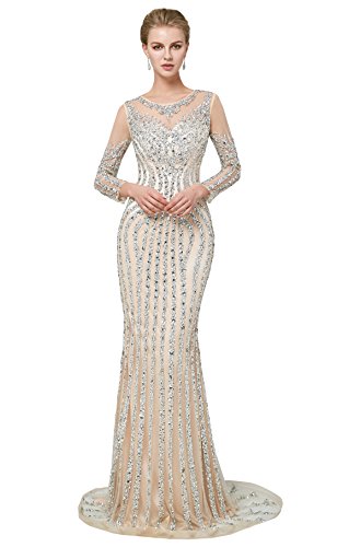 Champagne Mermaid Evening Dress with Jewel Beading and Sleeves