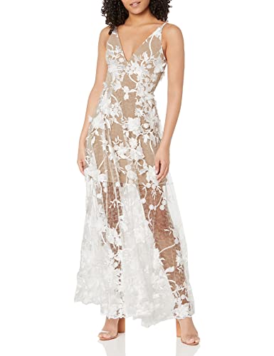 White/Nude Sleeveless Plunge Neckline FIT and Flare Maxi Dress