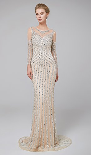 Champagne Mermaid Evening Dress with Jewel Beading and Sleeves